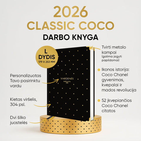 MAŽA JUODA COCO DARBO KNYGA: 2026 m. su Coco Chanel biografija ir citatomis (L dydis) + galimybė personalizuoti - COCO&CO