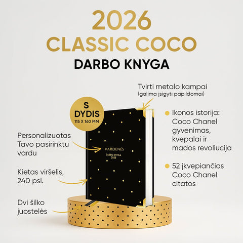 MAŽA JUODA COCO DARBO KNYGA: 2026 m. su Coco Chanel biografija ir citatomis (S dydis) + galimybė personalizuoti - COCO&CO