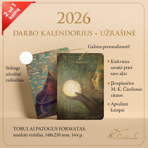 RINKINYS: M. K. Čiurlionio 2026 m. darbo kalendorius „Bičiulystė“ + užrašinė „Pilies pasaka“ + galimybė personalizuoti - COCO&CO