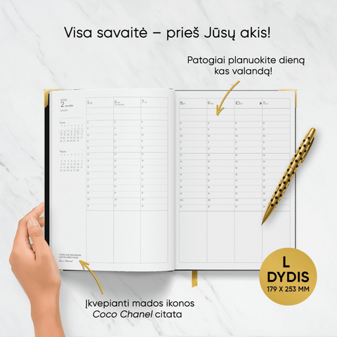 DIDELĖ JUODA COCO DARBO KNYGA: 2026 m. su Coco Chanel biografija ir citatomis (L dydis) + galimybė personalizuoti - COCO&CO