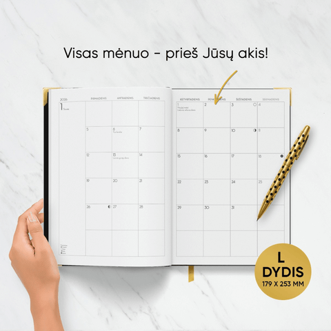 DIDELĖ JUODA COCO DARBO KNYGA: 2026 m. su Coco Chanel biografija ir citatomis (L dydis) + galimybė personalizuoti - COCO&CO