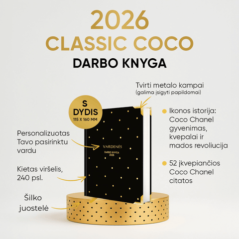 MAŽA JUODA COCO DARBO KNYGA: 2026 m. su Coco Chanel biografija ir citatomis (S dydis) + galimybė personalizuoti - COCO&CO
