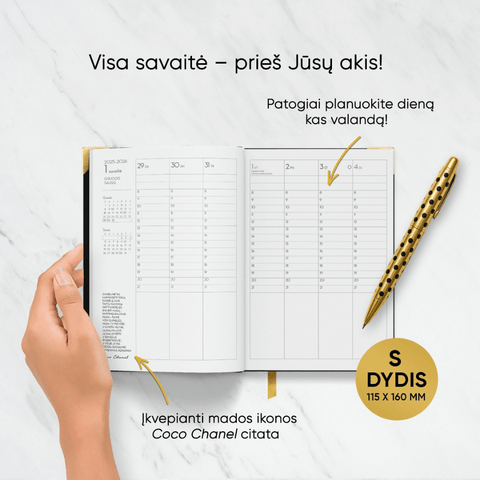 MAŽA JUODA COCO DARBO KNYGA: 2026 m. su Coco Chanel biografija ir citatomis (S dydis) + galimybė personalizuoti - COCO&CO