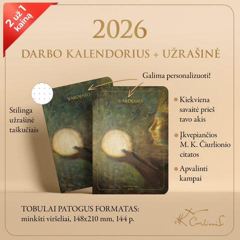 RINKINYS: M. K. Čiurlionio 2026 m. darbo kalendorius „Bičiulystė“ + užrašinė „Bičiulystė“ + galimybė personalizuoti - COCO&CO