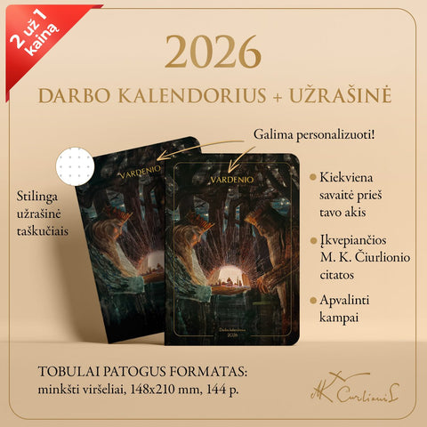 RINKINYS: M. K. Čiurlionio 2026 m. darbo kalendorius „Karalių pasaka“ + užrašinė „Karalių pasaka“ + galimybė personalizuoti - COCO&CO
