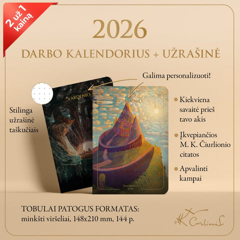 RINKINYS: M. K. Čiurlionio 2026 m. darbo kalendorius „Pilies pasaka“ + užrašinė „Karalių pasaka“ + galimybė personalizuoti - COCO&CO