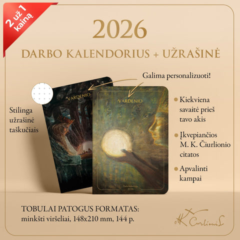 RINKINYS: M.K. Čiurlionio 2026 m. darbo kalendorius „Bičiulystė“ + užrašinė „Karalių pasaka“ + galimybė personalizuoti - COCO&CO