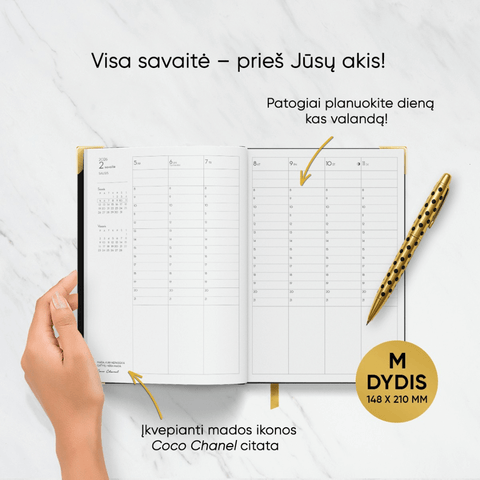 VIDUTINĖ JUODA COCO DARBO KNYGA: 2026 m. su Coco Chanel biografija ir citatomis (M dydis) + galimybė personalizuoti - COCO&CO