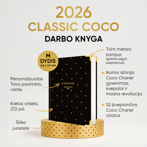 VIDUTINĖ JUODA COCO DARBO KNYGA: 2026 m. su Coco Chanel biografija ir citatomis (M dydis) + galimybė personalizuoti - COCO&CO